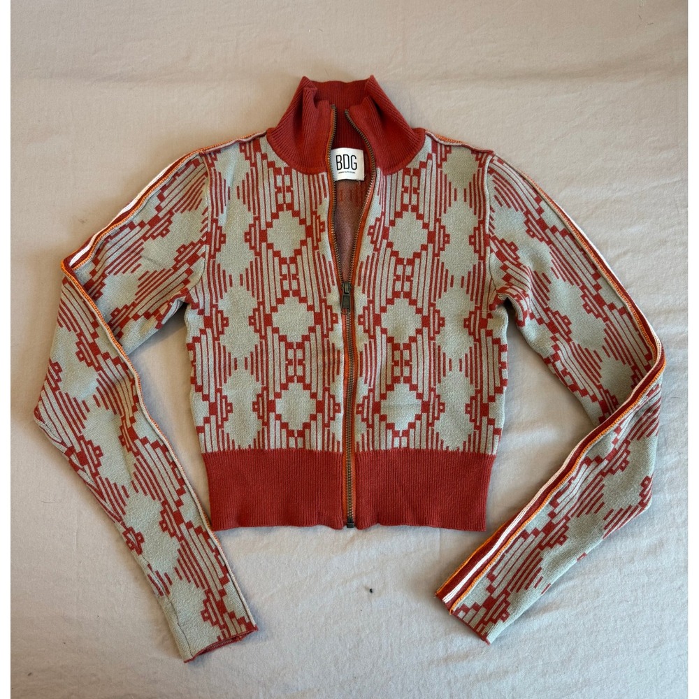 BDG Chandler Geometric Zip-up Sweater Knit Red Mock Neck Cropped Seen on TV Cozy